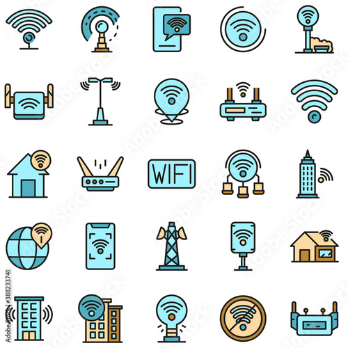 Wifi zone icons set. Outline set of wifi zone vector icons thin line color flat on white