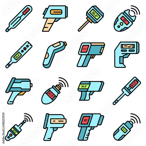 Digital thermometer icons set. Outline set of digital thermometer vector icons thin line color flat on white
