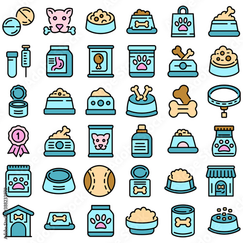 Dog food icons set. Outline set of dog food vector icons thin line color flat on white