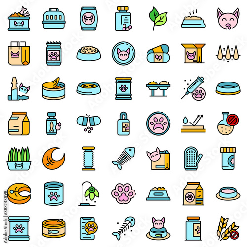 Cat food icons set. Outline set of cat food vector icons thin line color flat on white