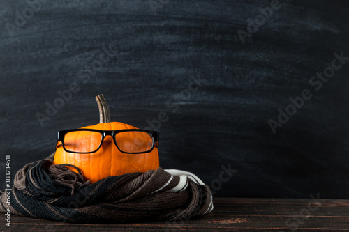 Pumpkin with glasses in a scarf  halloween concept  on table  on a background of chalkboard. Template concept of autumn mood. Copy space.