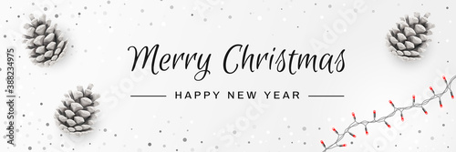 Merry Christmas and Happy New Year Invitation. Christmas Background with Pinecones, String Lights, Caligraphy Text. Creative Design Greeting Card, Banner, Poster. Top View , Xmas Decoration