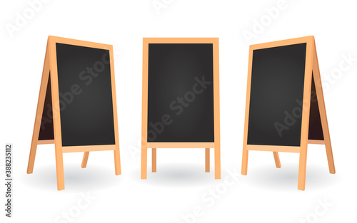Vector signboard menu for restaurant in different position isolated on white background. Empty clean chalkboard. Set of blackboard with wood frames.