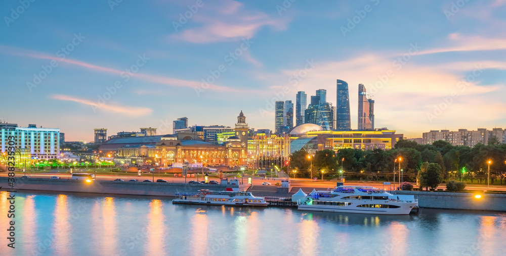 Moscow City skyline business district and Moscow River in Russia