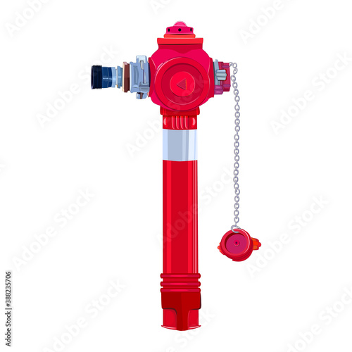 Red fire hydrant isolated on white background. Red urban active fire protection, water supply system. Firemen tool, professional equipment for city fire fighting department. Stock vector illustration