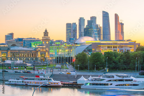 Moscow City skyline business district and Moscow River in Russia