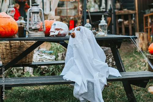 a dog in a ghost costume on the porch of a house decorated to celebrate a Halloween party