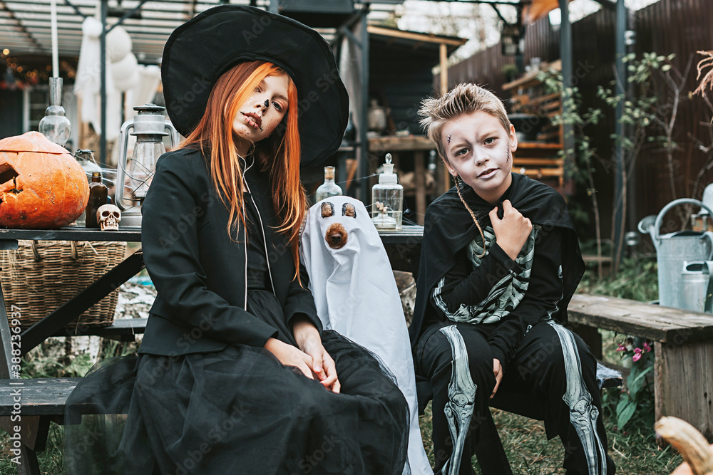 a boy in a skeleton costume and a girl in a witch costume with a dog in a ghost costume having fun on the porch of a house decorated to celebrate a Halloween party
