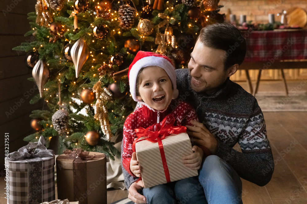 Portrait of loving young Caucasian father greeting excited small son with New Year in cozy home. Caring dad congratulate present Christmas gift to overjoyed smiling little boy child near fir tree.