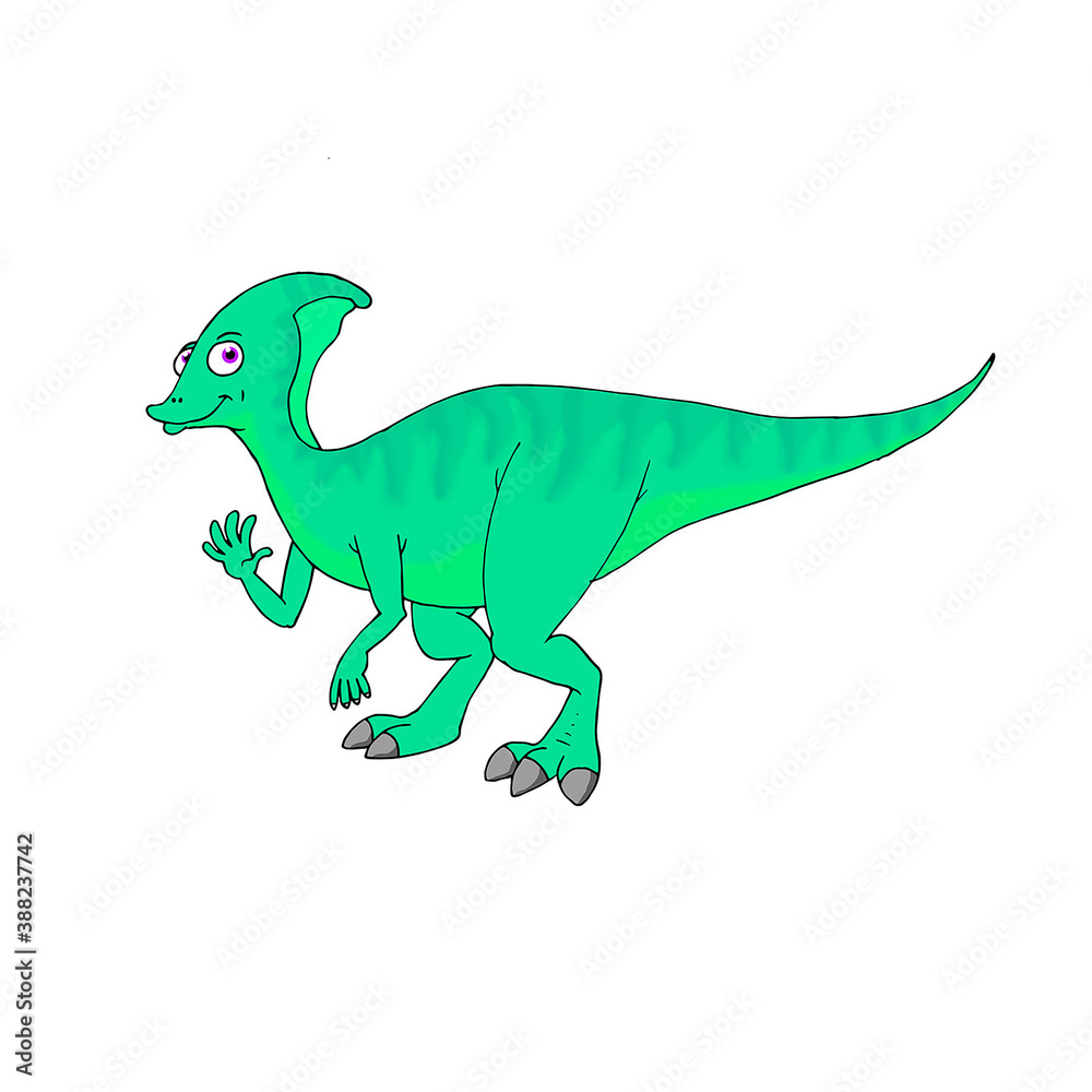 Illustration of a green dinosaur of the species parasaurolophus waving with one hand