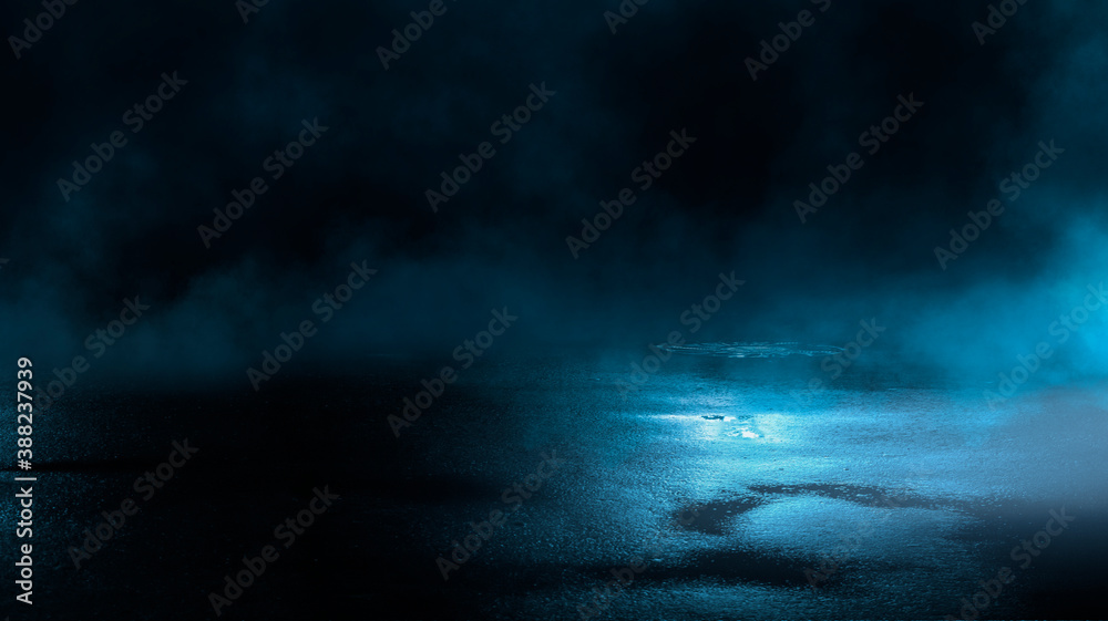 Dark cold wet street, asphalt, neon light. Reflection of neon in water. Empty night street scene, night city, smoke. abstract dark empty scene abstract night landscape neon blue light  silhouettes