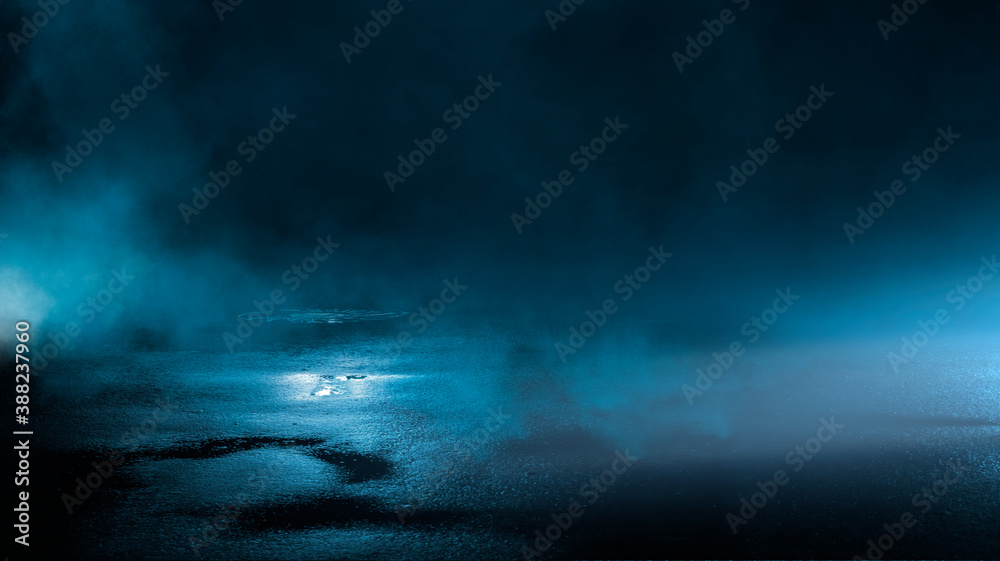 Dark cold wet street, asphalt, neon light. Reflection of neon in water. Empty night street scene, night city, smoke. abstract dark empty scene abstract night landscape neon blue light  silhouettes