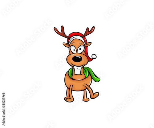Vector illustration cartoon reindeer sticker. Merry Christmas and happy new year. Isolated on white. decorative element on holiday. Greeting card design  posters  gift tags and labels.