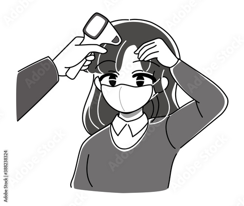 ベクター・検温してもらうお姉さんのイラスト・入り口で熱を測る・非接触体温計・笑顔マスク着用（モノクロ）