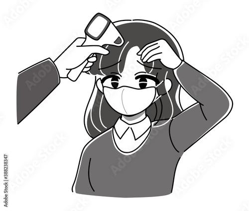 ベクター・検温してもらうお姉さんのイラスト・入り口で熱を測る・非接触体温計・困り顔マスク着用（モノクロ）