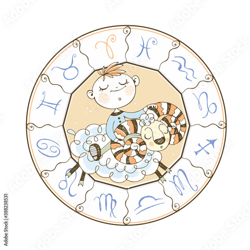 Children's zodiac. The zodiac sign Aries. A cute little boy rides a RAM. Vector