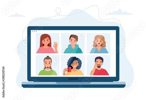 Computer with group of people doing group call. Online meeting via video conference. Vector illustration in flat style