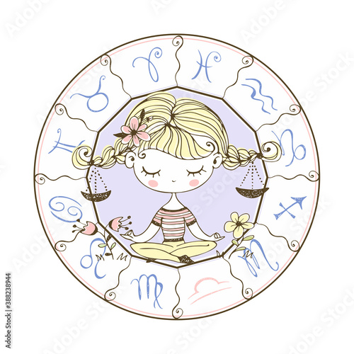 Libra zodiac sign. Cute girl with pigtails in the Lotus position. Vector.