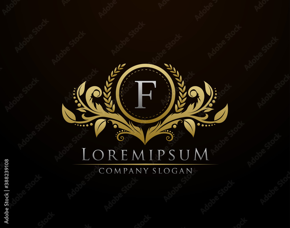 Luxury Gold Boutique Letter F Monogram Logo, Vintage Gold Badge With Classy Floral Design.