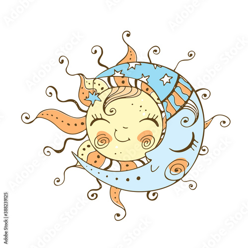 Sun and moon in a cute Doodle style for children's theme. Vector.