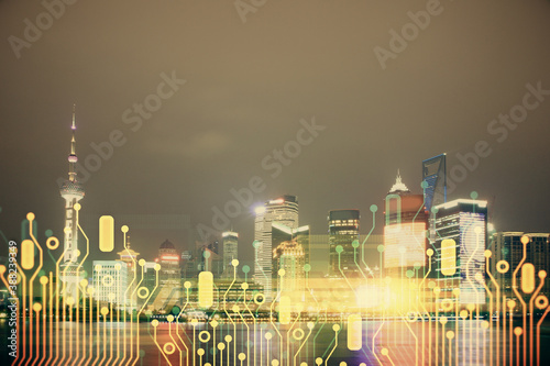 Data theme hologram drawing on city view with skyscrapers background double exposure. Ai concept. © peshkova