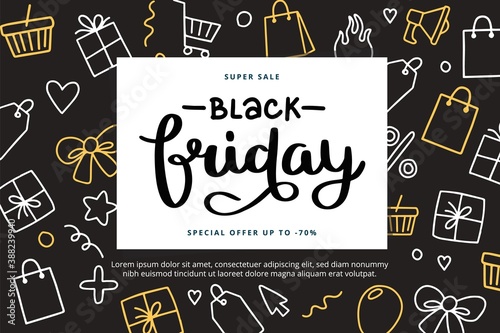 Black friday banner template with lettering and doodle elements, vector illustration