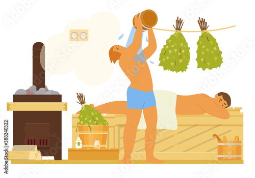 Men In Sauna Relaxing, Pouring Water. Bathhouse Interior Wooden Bench, Birch Brooms, Stove With Firewood, Buckets, Thermometer, Eseential Oils. Flat Vector Illustration.