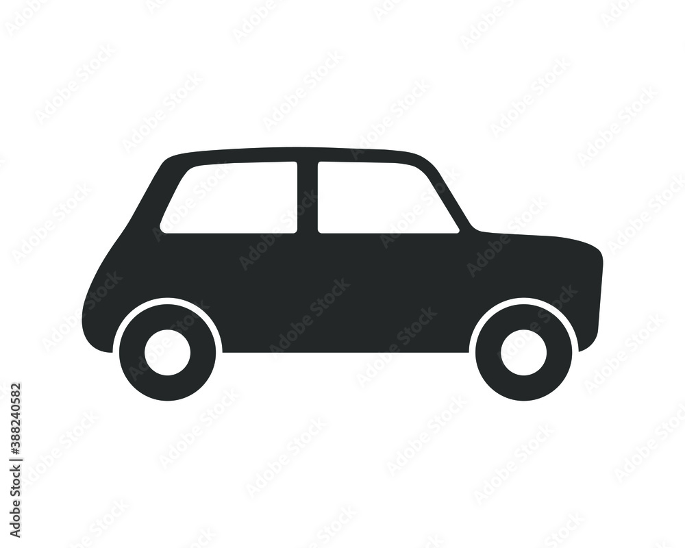 Car vector icon. Old small or little mini size automobile. Comic transport logo. Cute cartoon style image. Retro vintage auto vehicle symbol sign. Black silhouette isolated on white background.