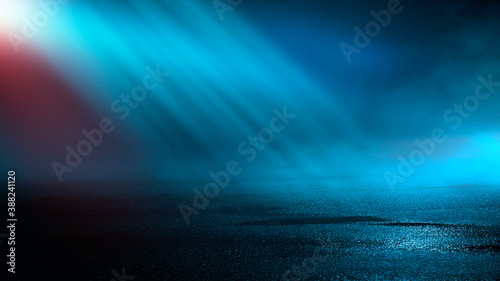 Dark cold wet street, asphalt, neon light. Reflection of neon in water. Empty night street scene, night city, smoke. abstract dark empty scene abstract night landscape neon blue light tree silhouettes