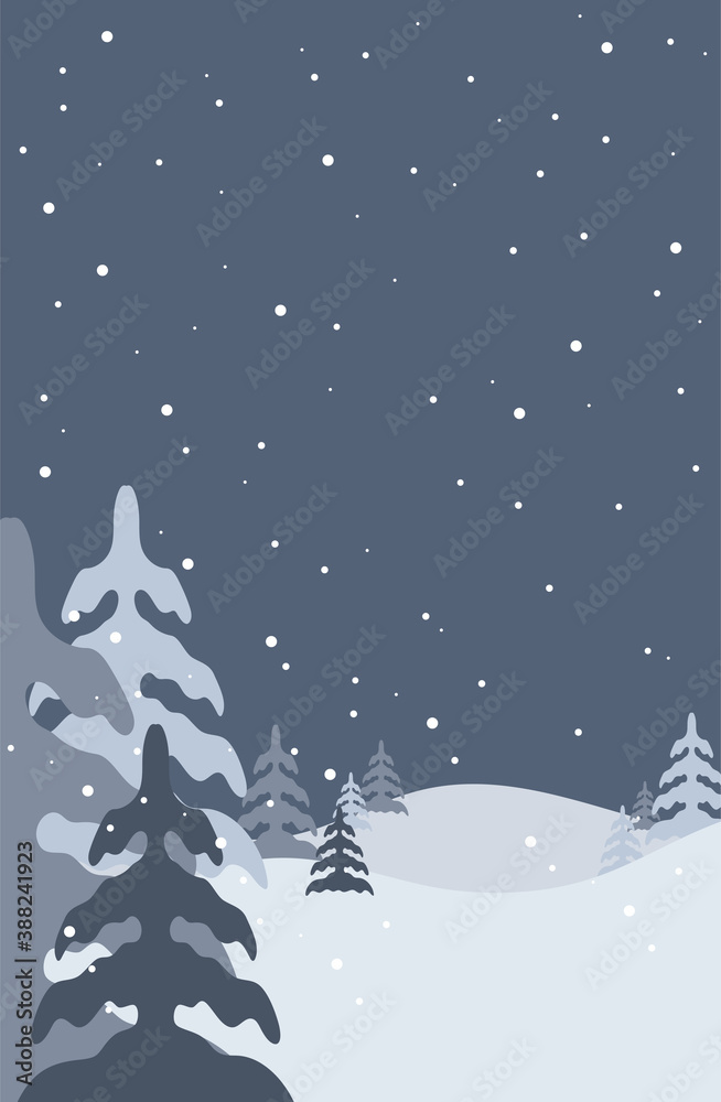 Winter Landscape Background with fir-trees and mountain. Vector stock illustration in flat design for Invitation, web banner, greetings card, social media Winter Landscape Background with fir-trees and mountain. Vector stock illustration in flat design for Invitation, web banner, greetings card, social media