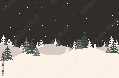 Winter Landscape Background with fir-trees and mountain. Vector stock illustration in flat design for Invitation, web banner, greetings card, social media