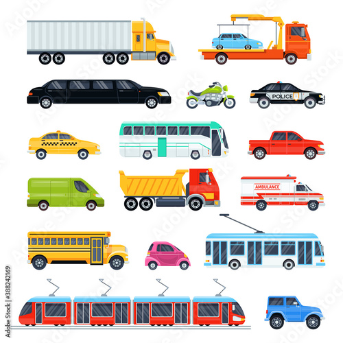 City transport vehicles set isolated on white vector illustrations. Public transportation, bus, cars, van and trucks, passenger taxi and delivery auto.