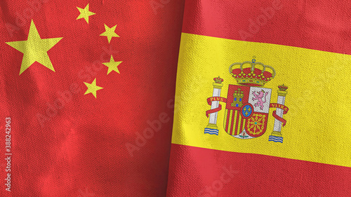 Spain and China two flags textile cloth 3D rendering