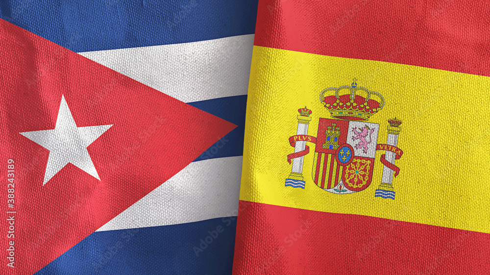 Fototapeta premium Spain and Cuba two flags textile cloth 3D rendering