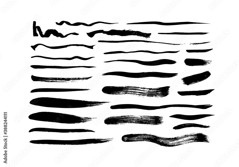 Vector grungy paint brush strokes collection. Calligraphy straight