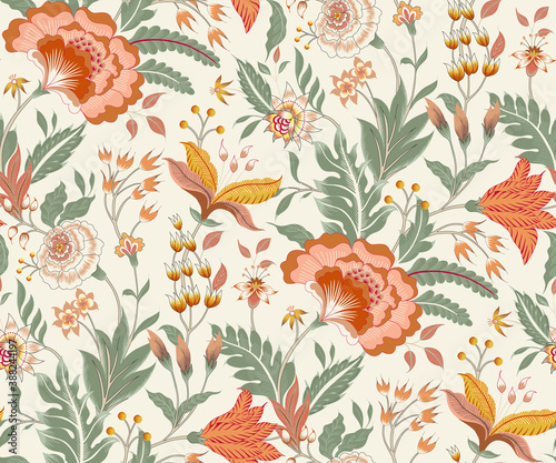 Fantasy flowers in retro, vintage, Jacobean embroidery style. Colored illustration. Isolated on cream background. photo