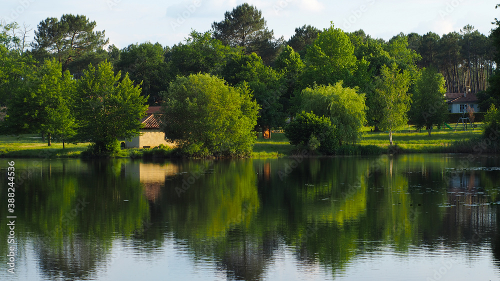 Cadre idyllique printanier aux abords d'un étang, dans un village des Landes de Gascogne Cadre idyllique printanier aux abords d'un étang, dans un village des Landes de Gascogne