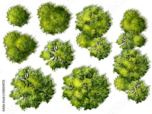 Collection of abstract watercolor green tree top view isolated on white background for landscape plan and architecture layout drawing, elements for environment and garden, green grass illustration 