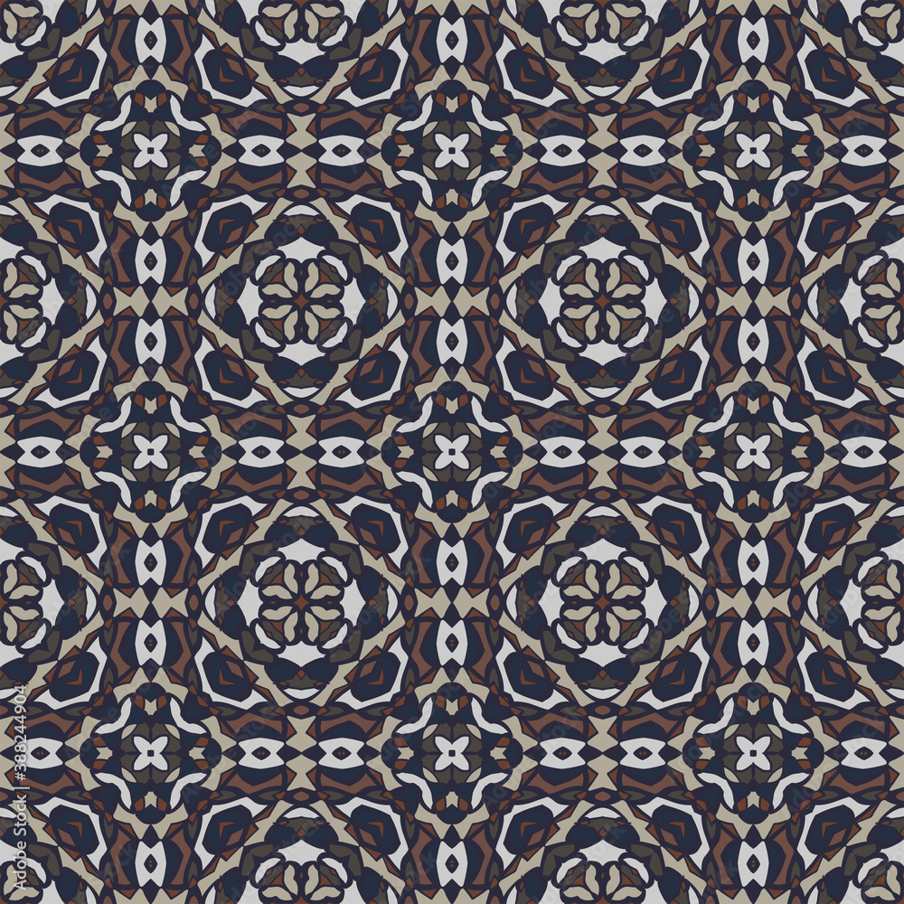 Creative color abstract geometric pattern in brown blue gray, vector seamless, can be used for printing onto fabric, interior, design, textile, pillow, carpet, tiles.