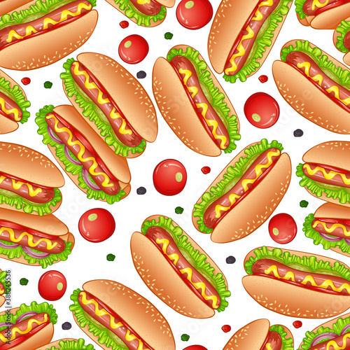 Appetizing hot dog sandwiches seamless pattern with smoked frankfurters seasoned with mustard. Use as fast food backdrop, takeaway menu, street food theme or cafe menu design