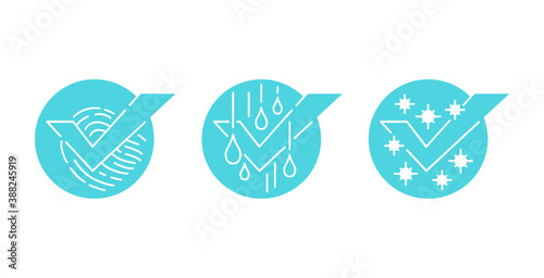 Glass cleaning agent icons 3 pictograms set - dust, fingerprints and water drios removal function - emblems for household chemicals products packaging