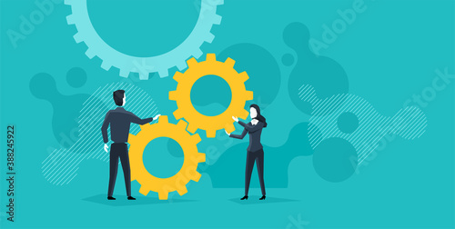Man and woman (office workers) with gears - teamwork management business concept - abstract people collects gearbox mechanism - isolated vector illustration