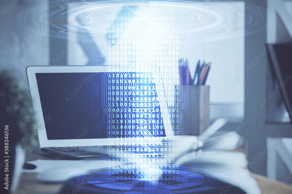 Double exposure of desktop with personal computer on background and tech theme drawing. Concept of data analysis. Double exposure of desktop with personal computer on background and tech theme drawing. Concept of data analysis.
