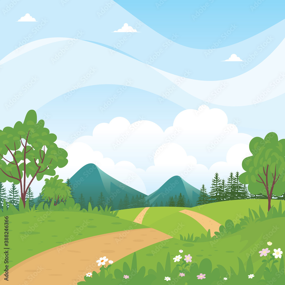 Beautiful rural landscape with path, hill and mountain vector Illustration, 
