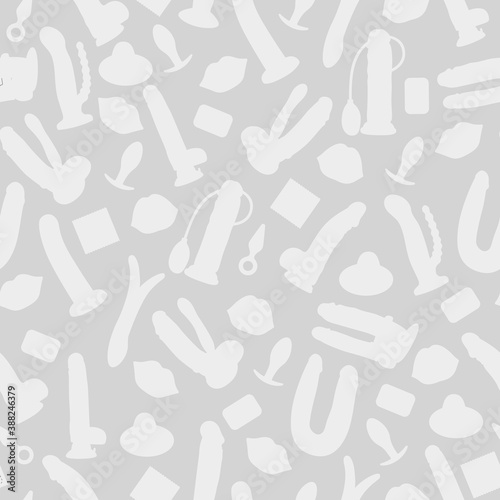 Sex toys  a set of items from a sex shop. Silhouettes of toys for adults. Vector seamless pattern. Endless backgrounds.