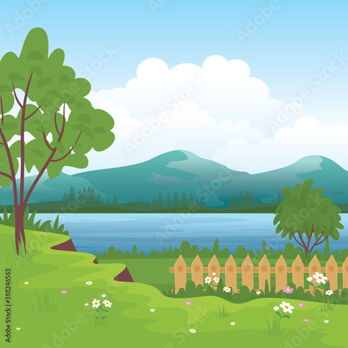 Beautiful view of the lake from the top of the hill vector illustration
