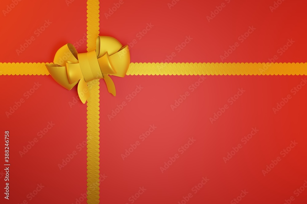 Christmas card, chinese new year gift wrapped with a ribbon with a bow, red background and golden bow copy space, view from above Christmas card, chinese new year gift wrapped with a ribbon with a bow, red background and golden bow copy space, view from above