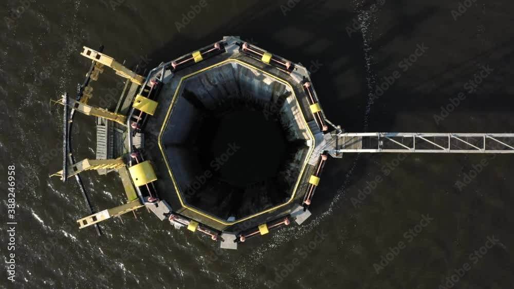 The hydraulic engineering well on the Lava River near Pravdinsk HPP, view from a drone
