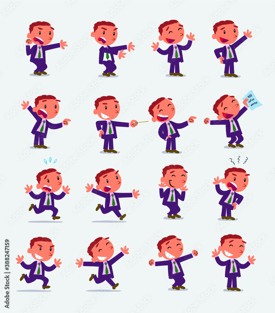 Cartoon character businessman in smart casual style. Set with different postures, attitudes and poses, doing different activities in isolated vector illustrations. Cartoon character businessman in smart casual style. Set with different postures, attitudes and poses, doing different activities in isolated vector illustrations.