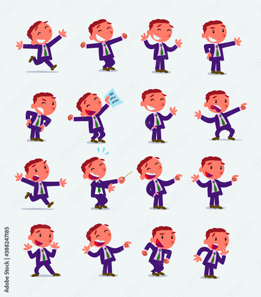 Cartoon character businessman in smart casual style. Set with different postures, attitudes and poses, doing different activities in isolated vector illustrations.